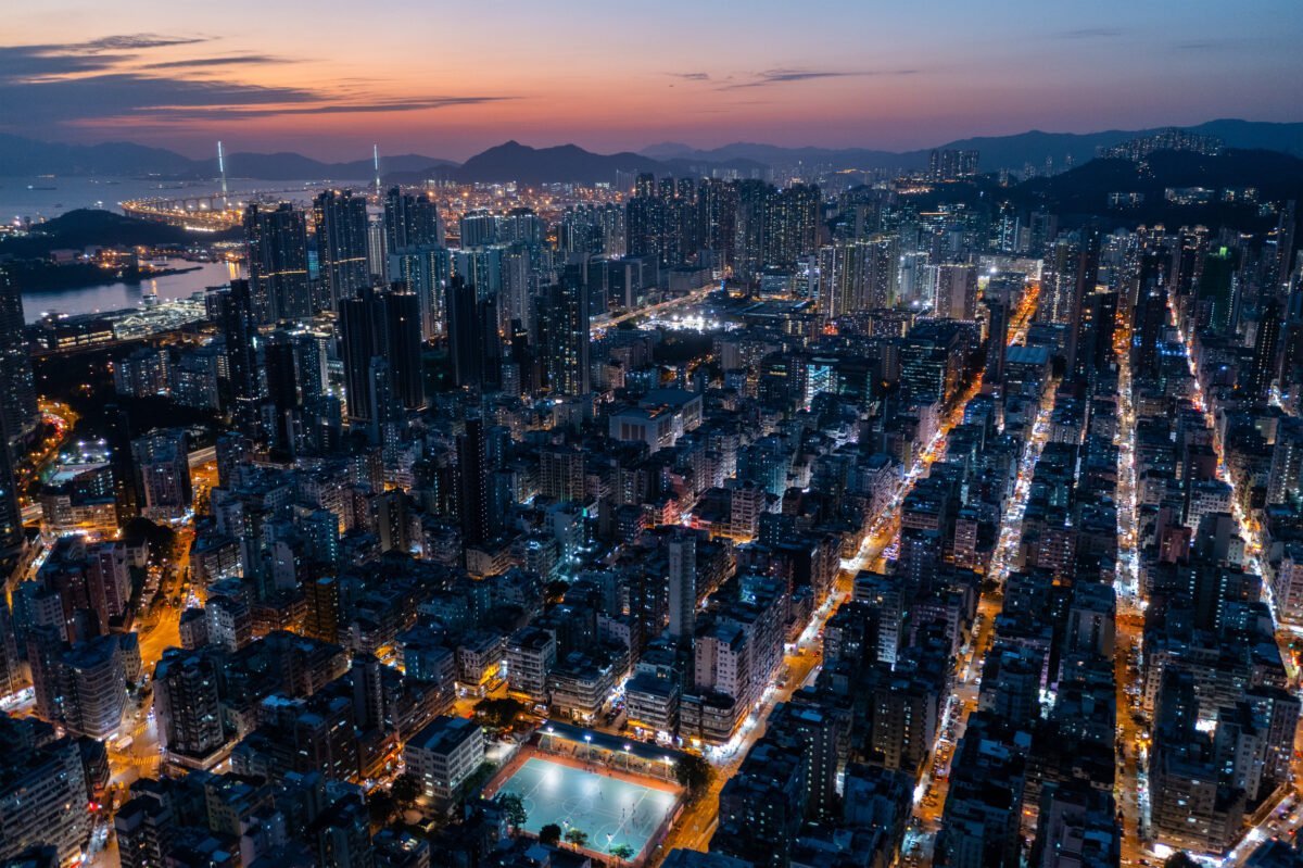 Sham Shui Po, Hong Kong 09 November 2022: Top view of Hong Kong city at night