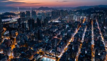 Sham Shui Po, Hong Kong 09 November 2022: Top view of Hong Kong city at night
